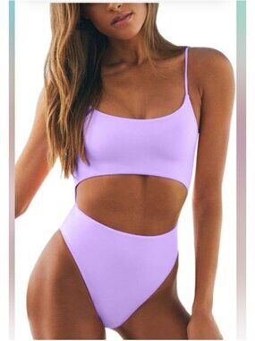 Womens Lavender Large Cutout Front Lace-Up Back High-Cut One-Piece Swimsuit